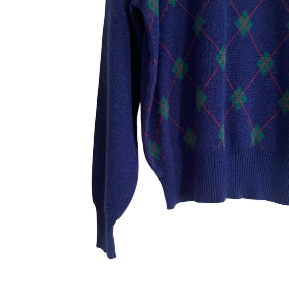Vintage 90s City Streets Blue Green Argyle Knit Crew Neck Preppy Sweater Medium - Picture 10 of 14